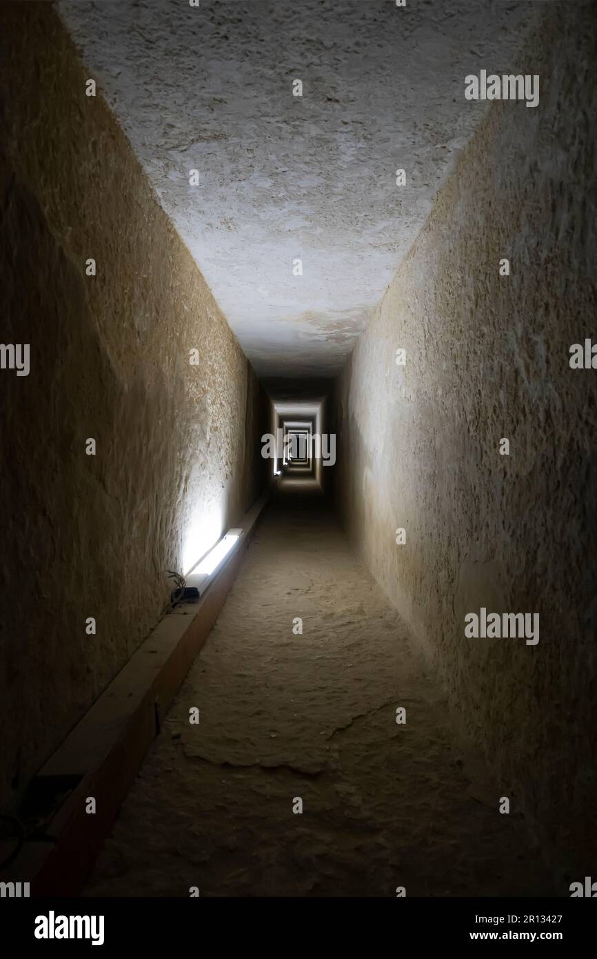 Tunnel entrance to the ancient Egyptian pyramid. The high pyramid of