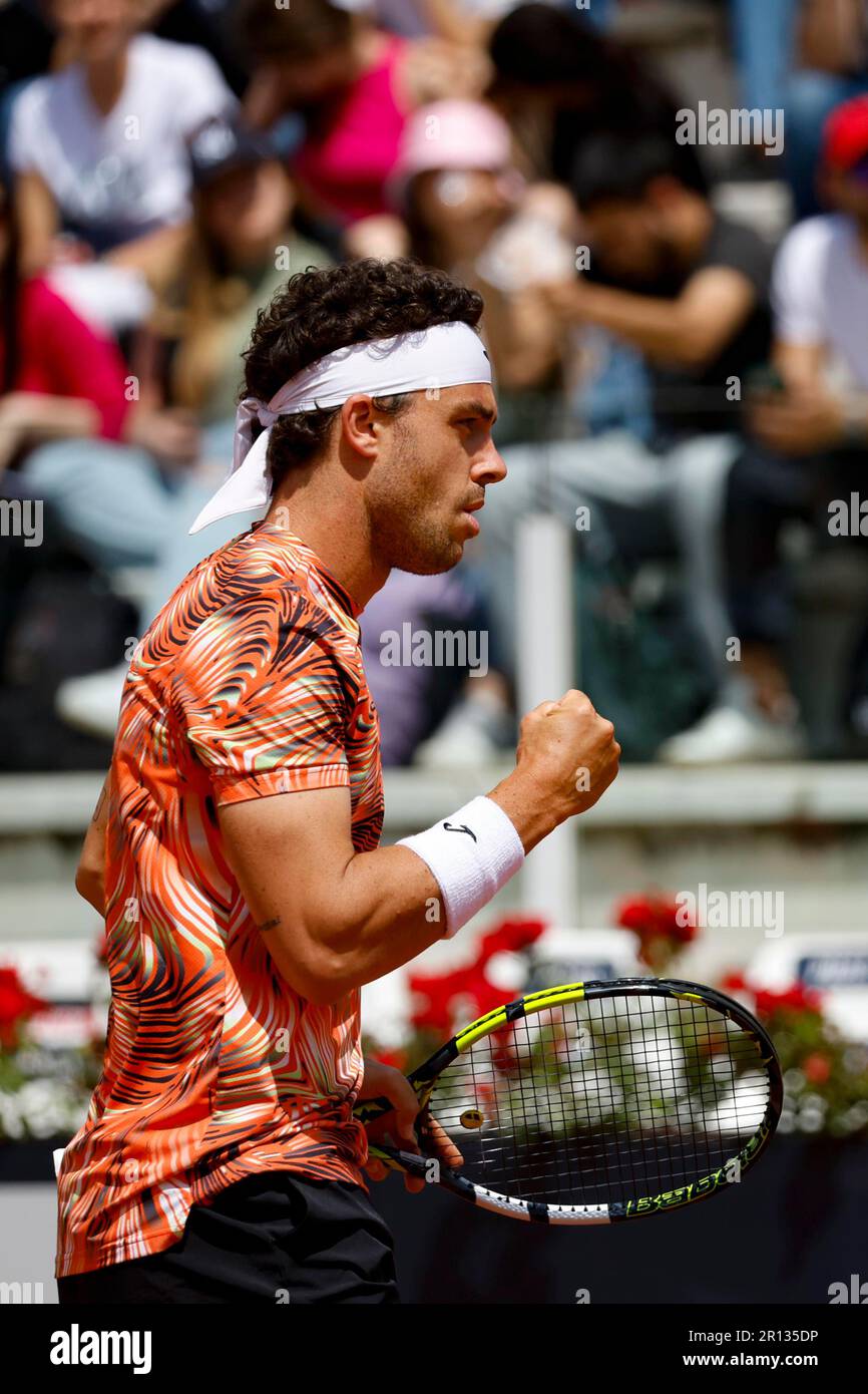 ROME, ITALY: May 11, 2023, Marco Cecchinato of Italy in action during his  men's singles first round match against Mackenzie McDonald of US (not  pictured) at the Italian Open tennis tournament in