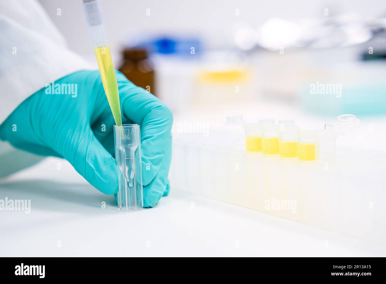 Close up scientist hands uses an automatic pipette to fill the solution