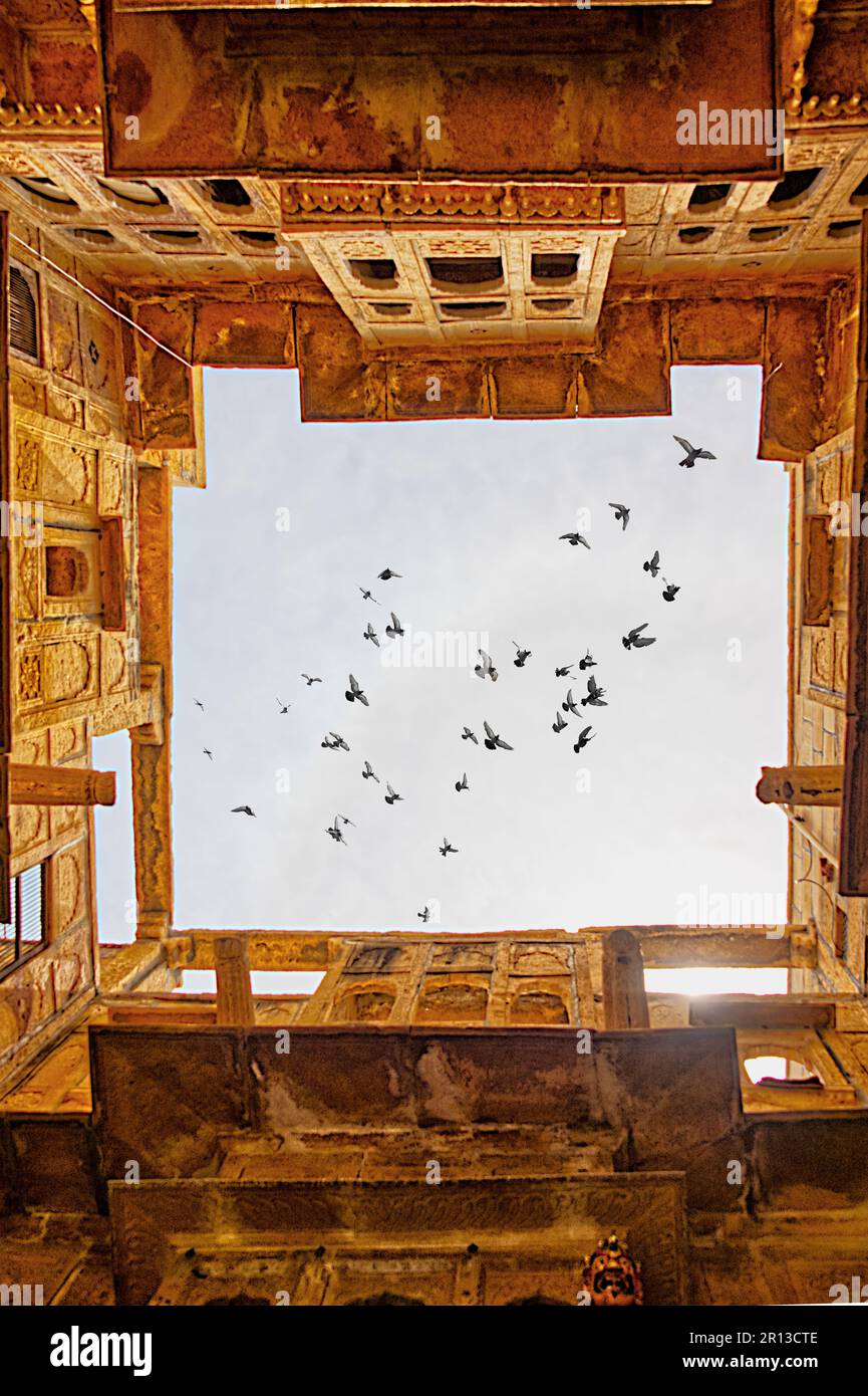 View of a patio from underneath and the pigeons flying in the cloudy sky Stock Photo