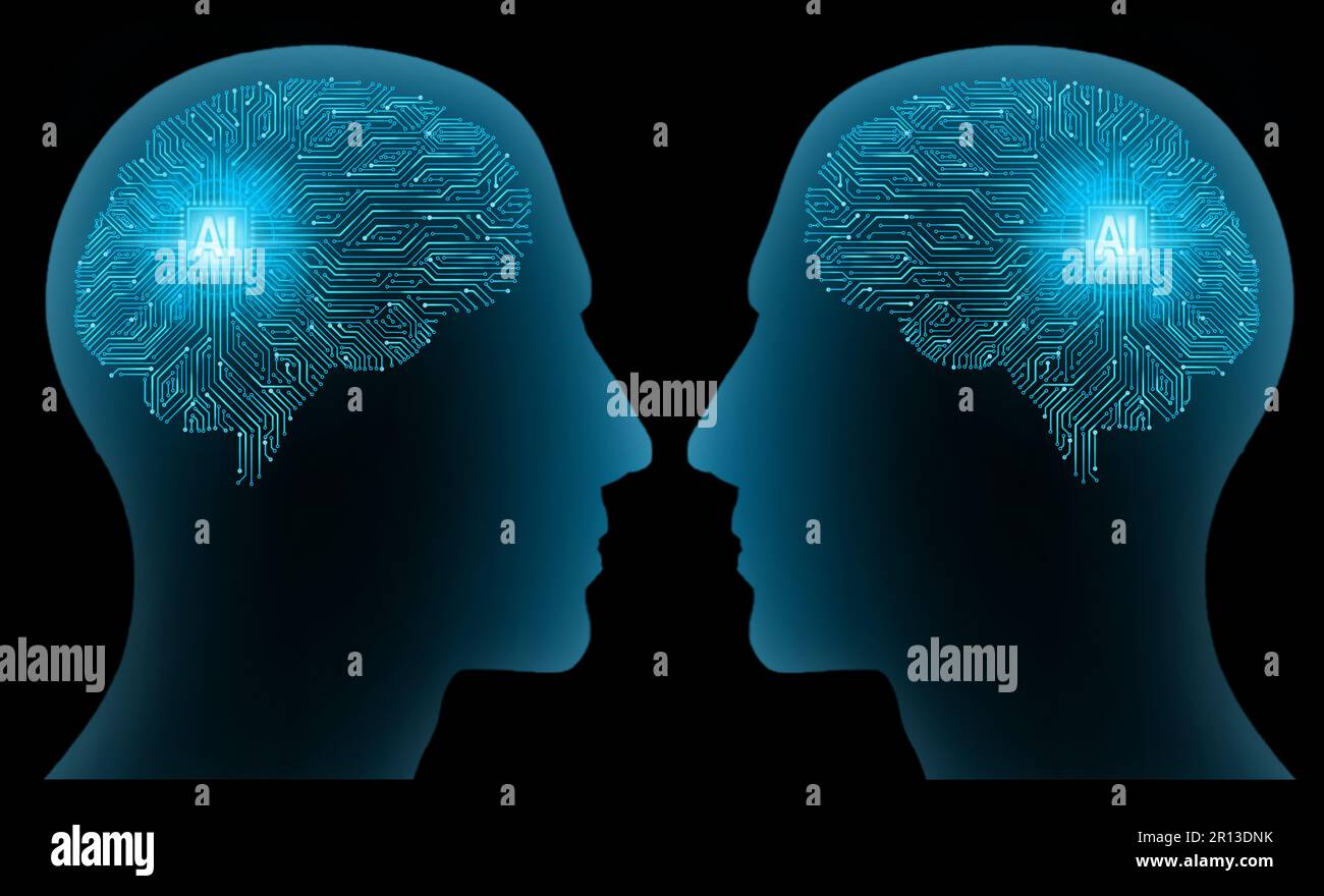human head with brain microchip and main board texture blue glow.  artificial intelligence concept Stock Photo