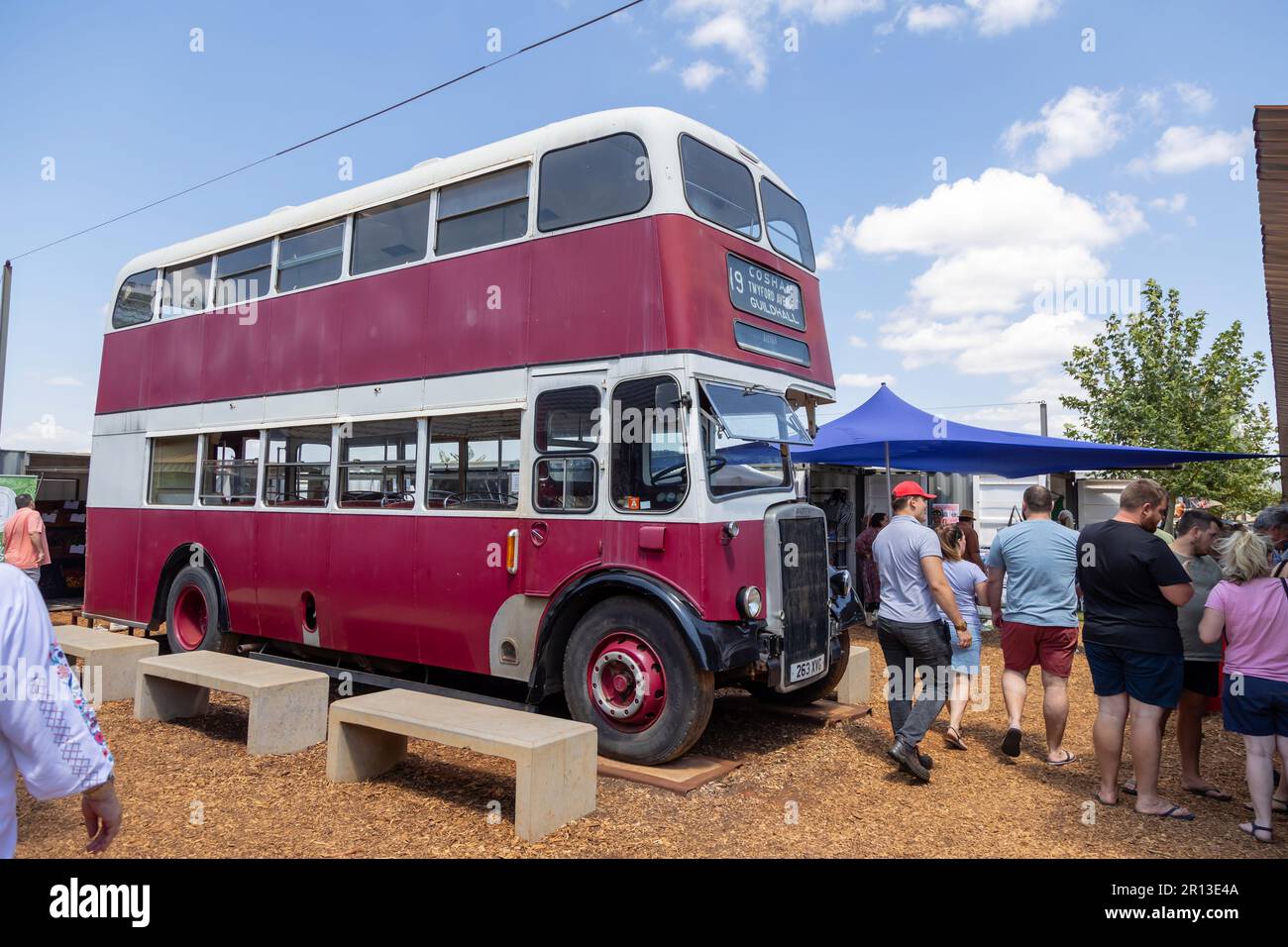 Pretoria, South Africa - March 12th 2023:Old double decker bus on display at outdoor trading market. Stock Photo