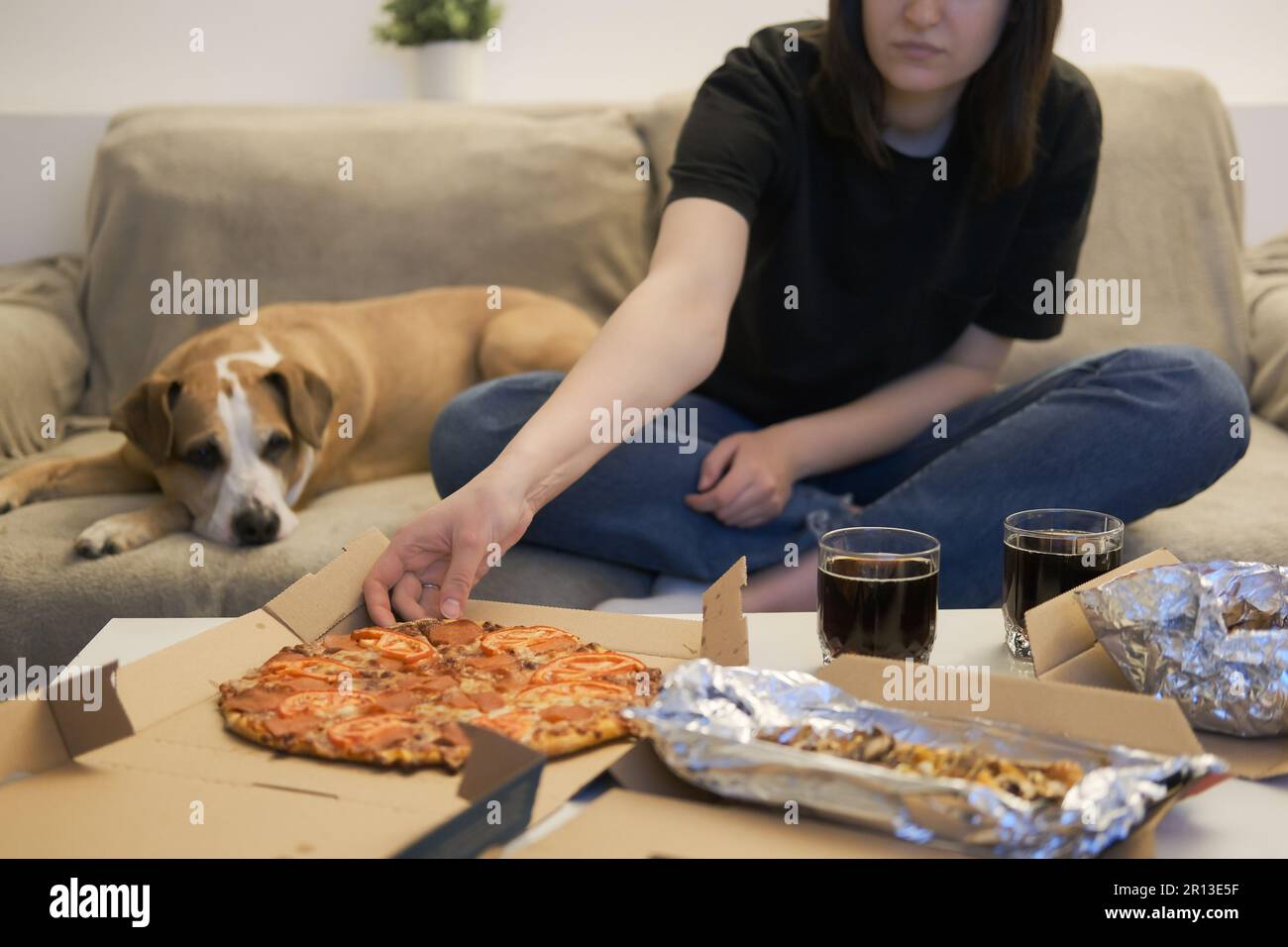 Eating delivered pizza at home. Woman grabbing a slice of pizza, dog on