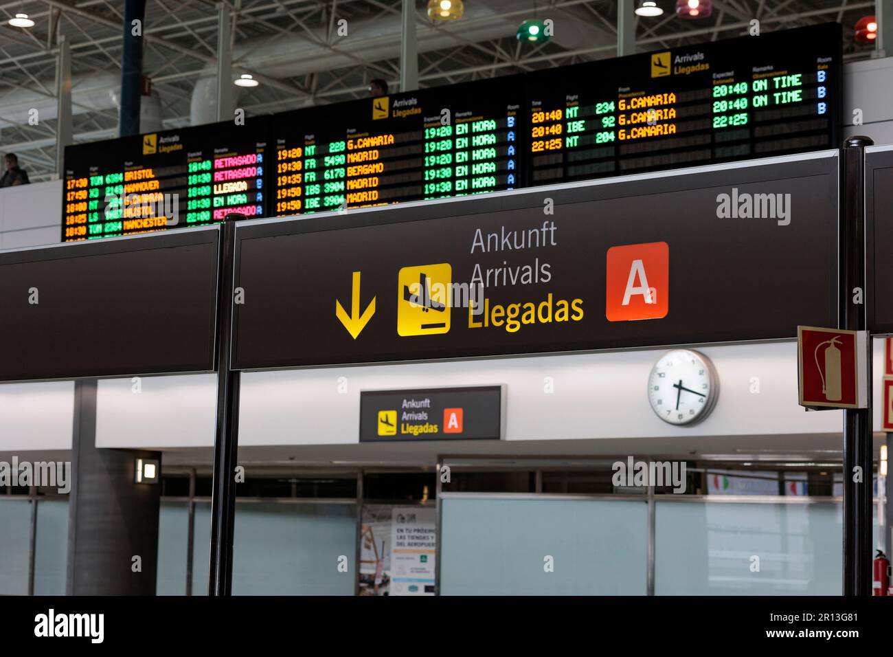 Arrivals board at Fuertevntura Airport Fuerteventura Canary Islands Spain Stock Photo