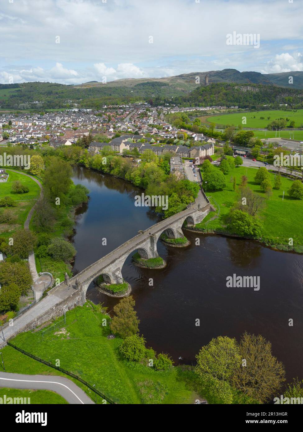 Aerial view of old Stirling bridge crossing the River Forth in Stirling, Scotland, UK Stock Photo