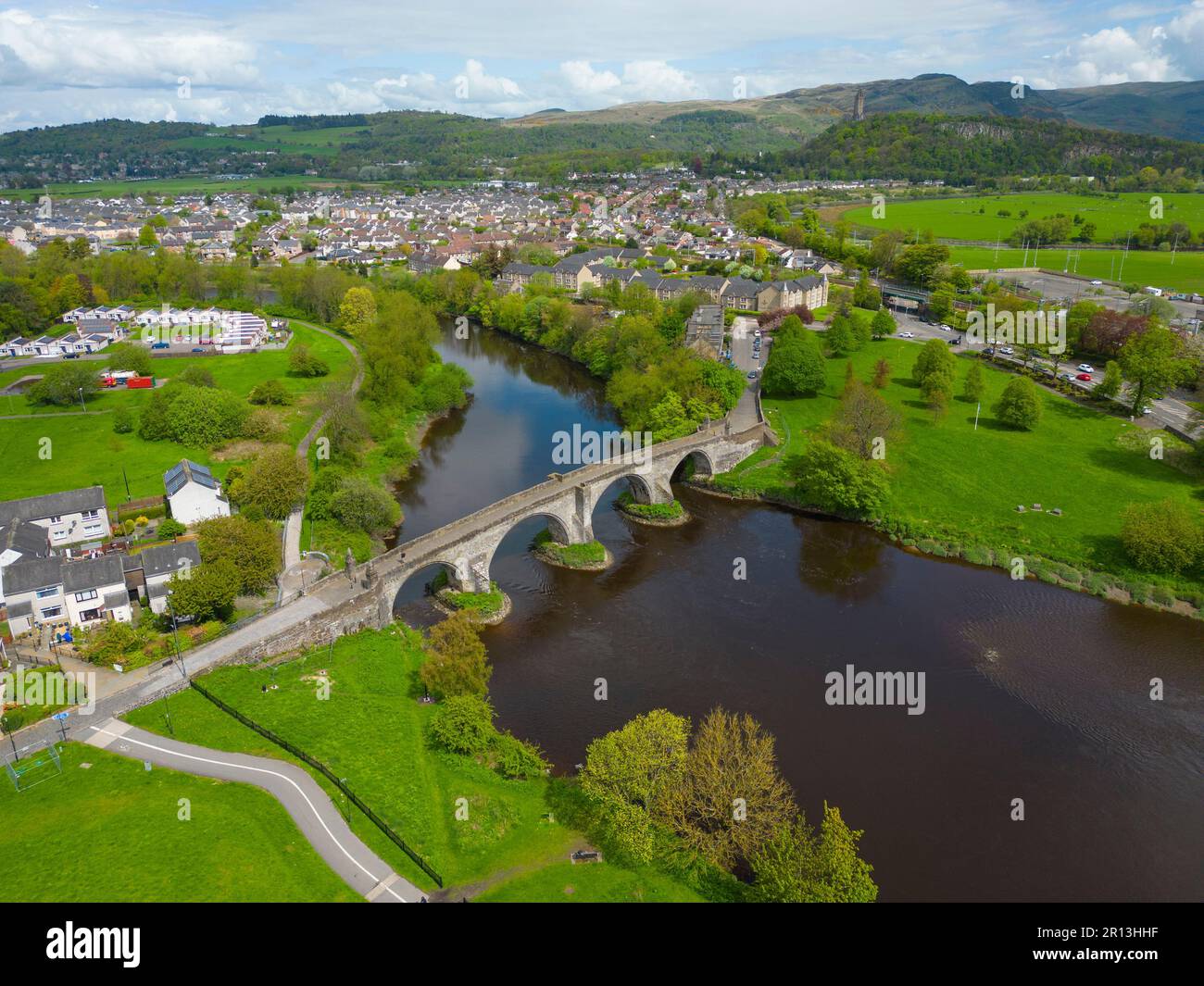 Aerial view of old Stirling bridge crossing the River Forth in Stirling, Scotland, UK Stock Photo