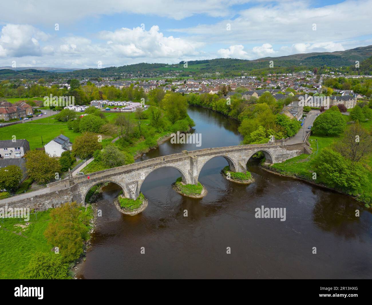 Aerial view of old Stirling bridge crossing the River Forth in Stirling, Scotland, UK Stock Photo