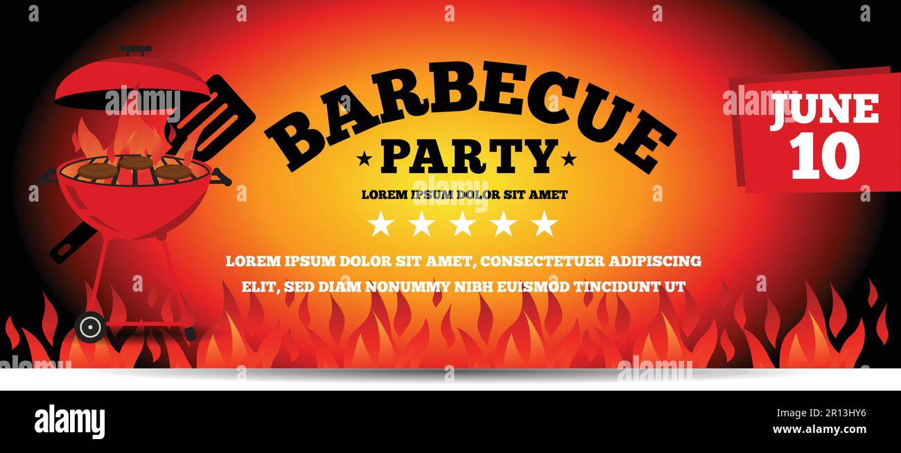Fire vibrant BBQ Grill Party event invitation illustration vector text is outline font is ChunkFiveEx Stock Vector