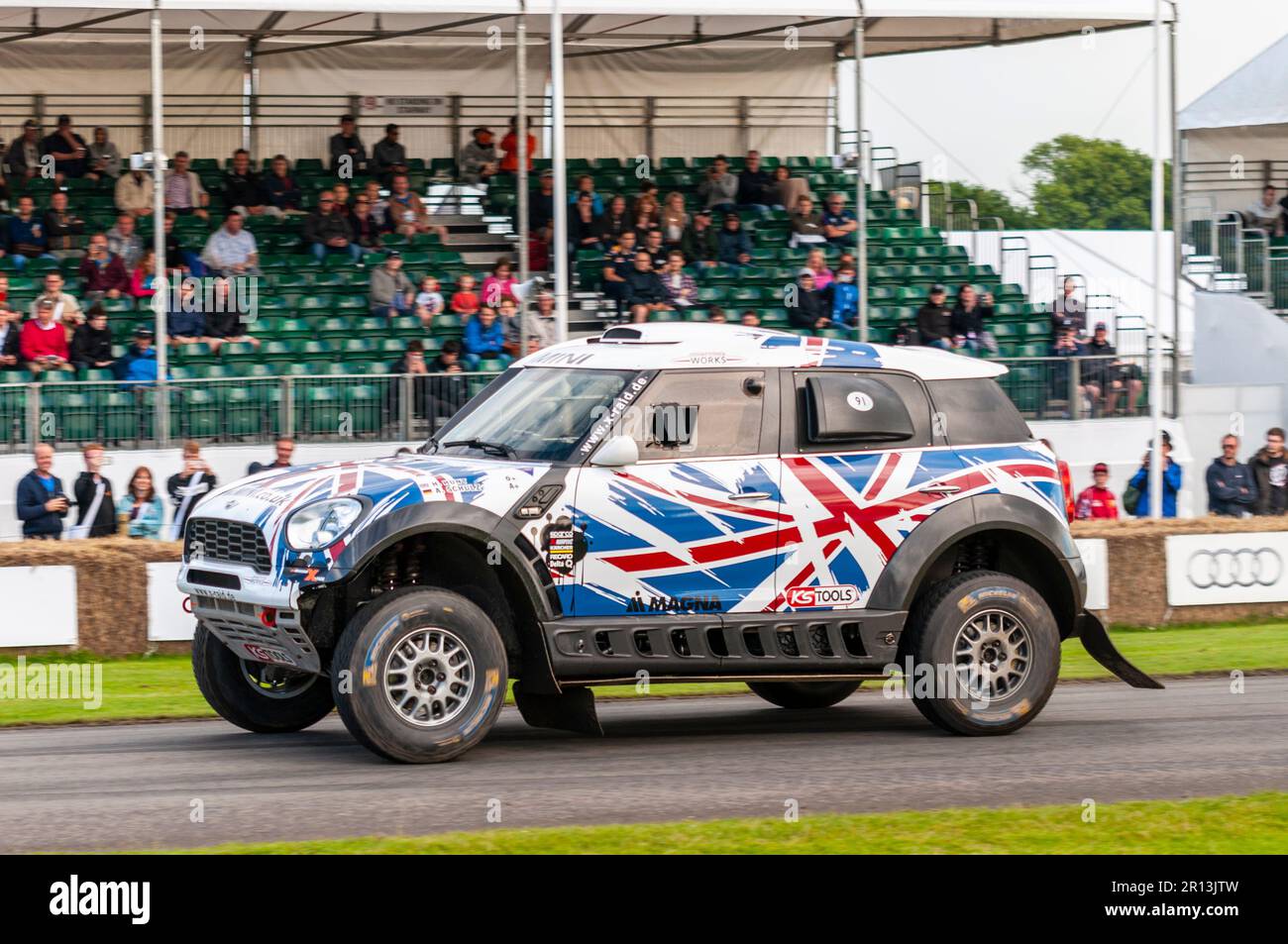 Mini All4 Racing, off-road competition car built by X-raid, on track at the Goodwood Festival of Speed event, West Sussex, UK. Dakar Rally race car Stock Photo