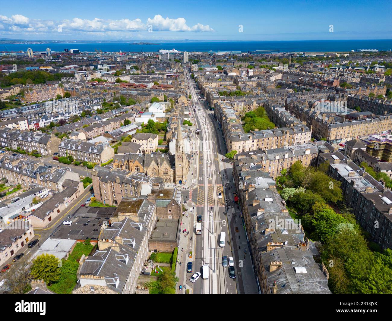 Aerial view of Leith Walk with new tram tracks in Edinburgh, Scotland, UK Stock Photo