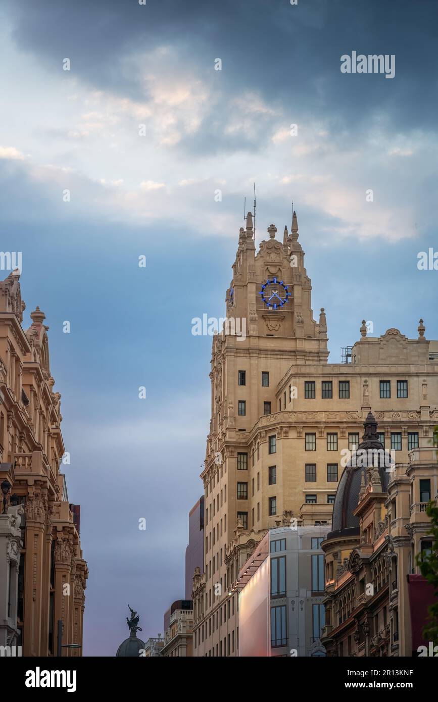 Telefonica Building Tower at Gran Via Street - Madrid, Spain Stock Photo