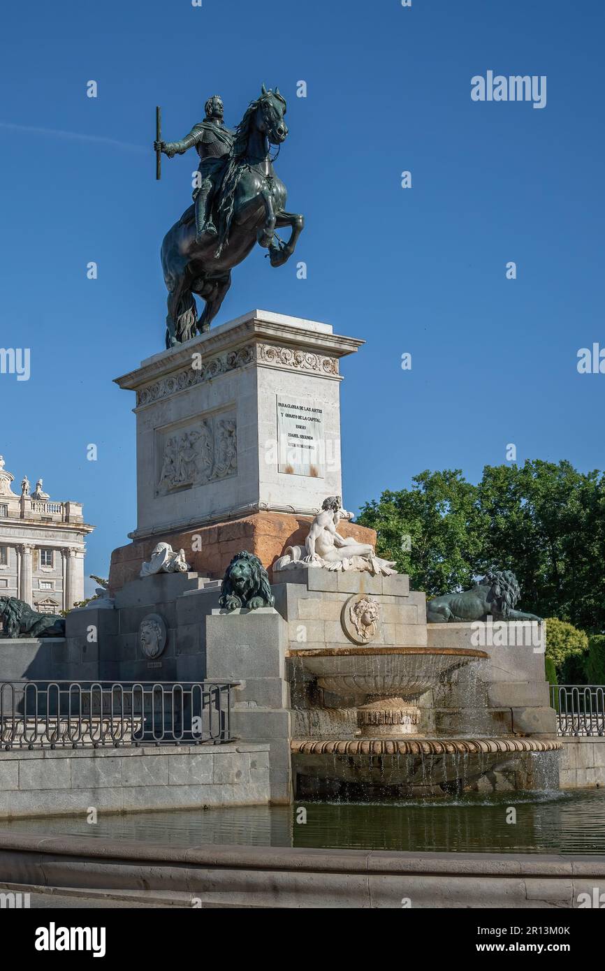 Monument to Philip IV (Felipe IV) at Plaza de Oriente Square - Madrid, Spain Stock Photo