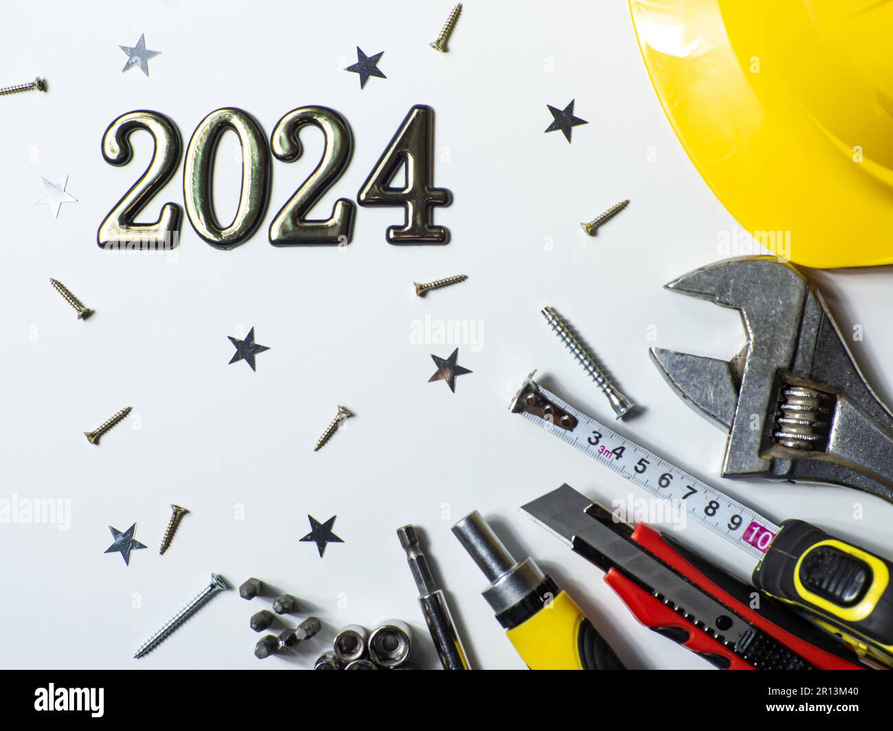 2024 With Construction Tools Hard Hat On White Background With Copy   2024 With Construction Tools Hard Hat On White Background With Copy Space 2R13M40 