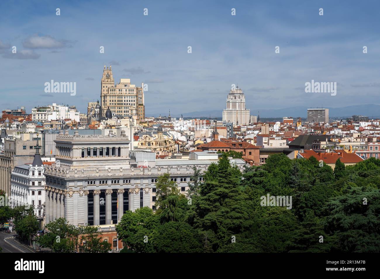 Aerial view of downtown Madrid Skyline with Gran Via and Plaza de Espana Buildings - Madrid, Spain Stock Photo