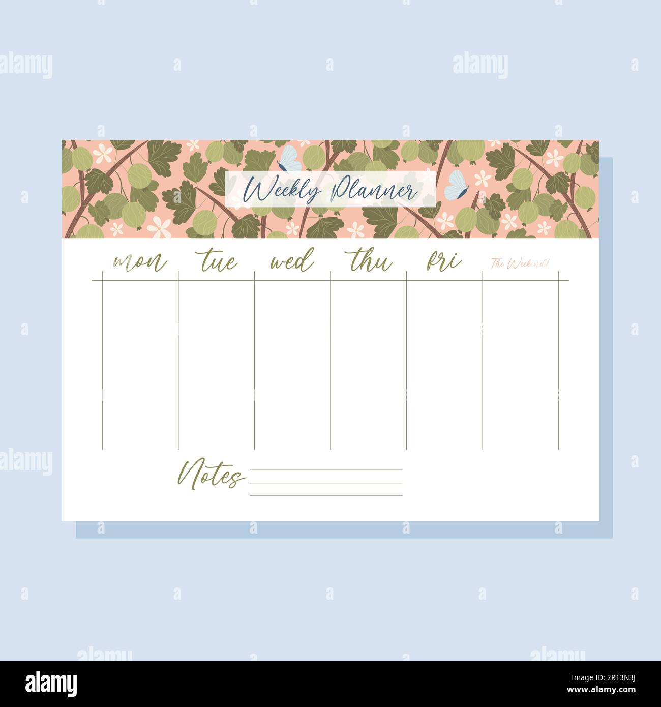 Printable weekly planner concept with green gooseberry plant illustration, vector Stock Vector