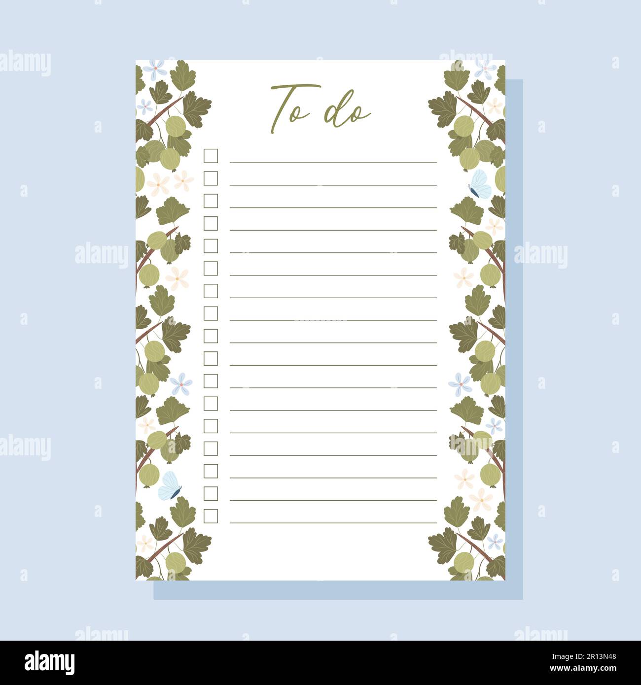 Printable To-do list concept with green gooseberry plant illustration, vector Stock Vector