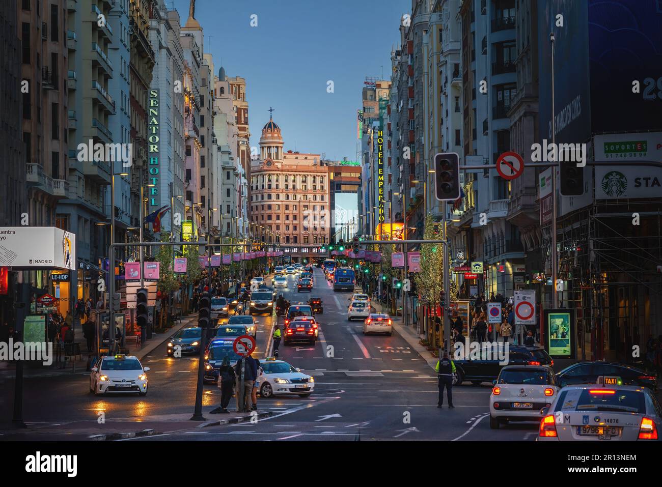 Gran Via Street traffic at early evening - Madrid, Spain Stock Photo