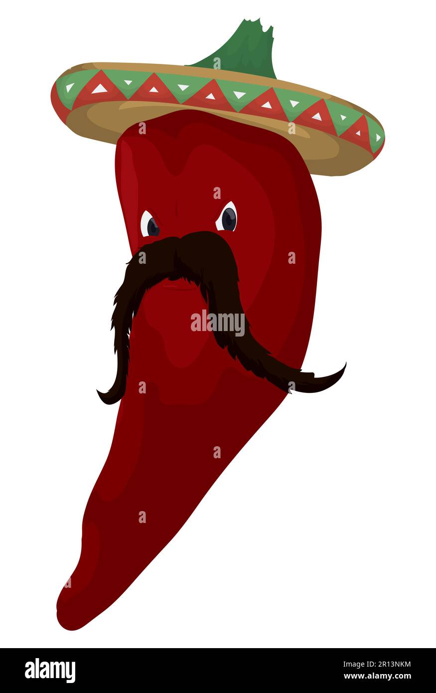 Angry red chili pepper with big mustache and charro hat in cartoon style. Stock Vector
