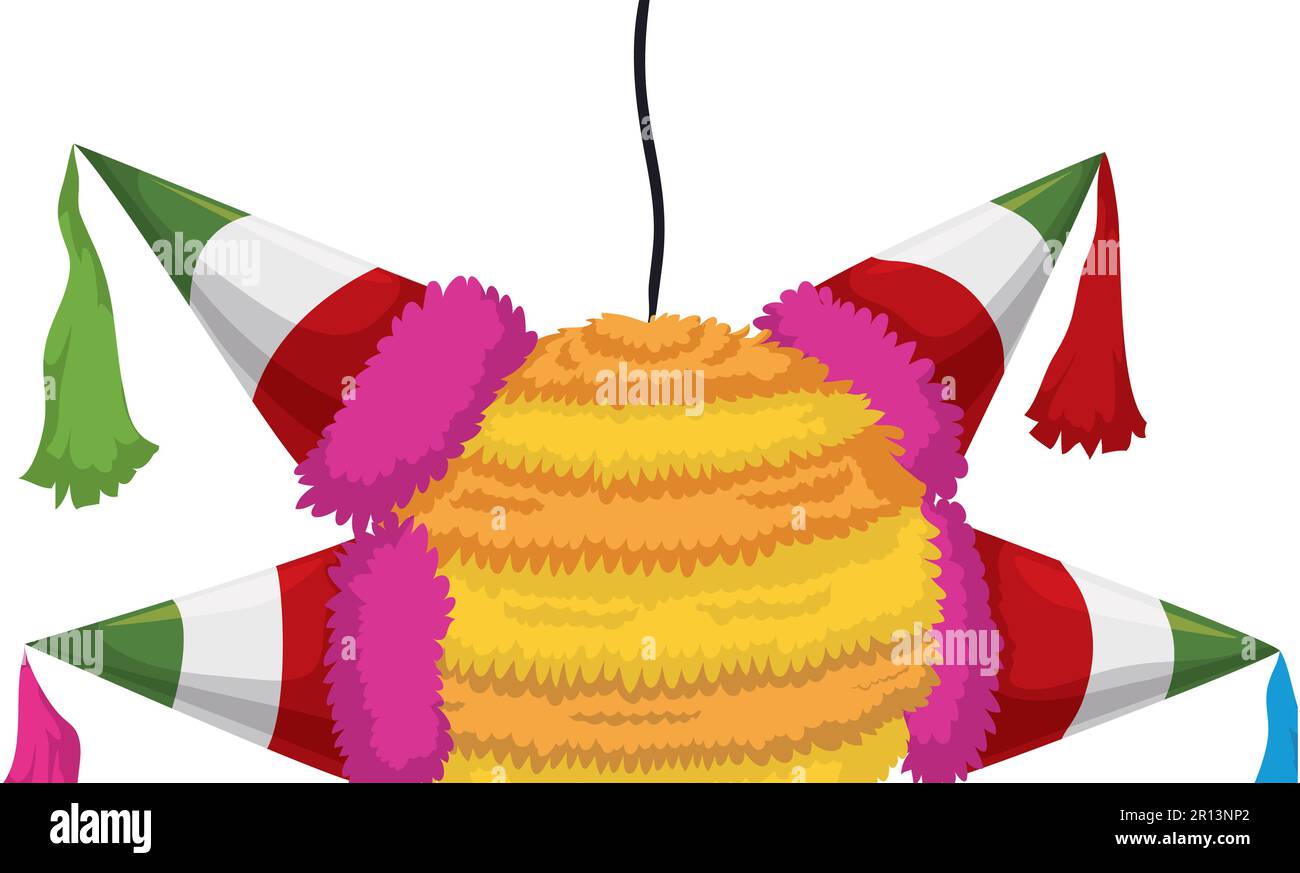 View of a colorful pinata hanging from a rope. Cartoon style