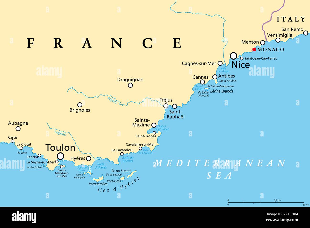 French Riviera, political map. Mediterranean coastline of the southeast ...