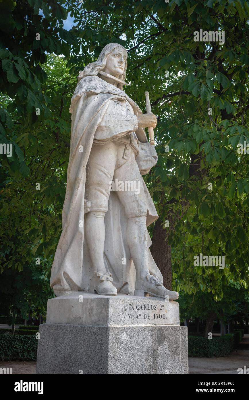 Statue of King Charles II of Spain (Carlos II de Espana) at Paseo de la Argentina in Retiro Park - Madrid, Spain Stock Photo