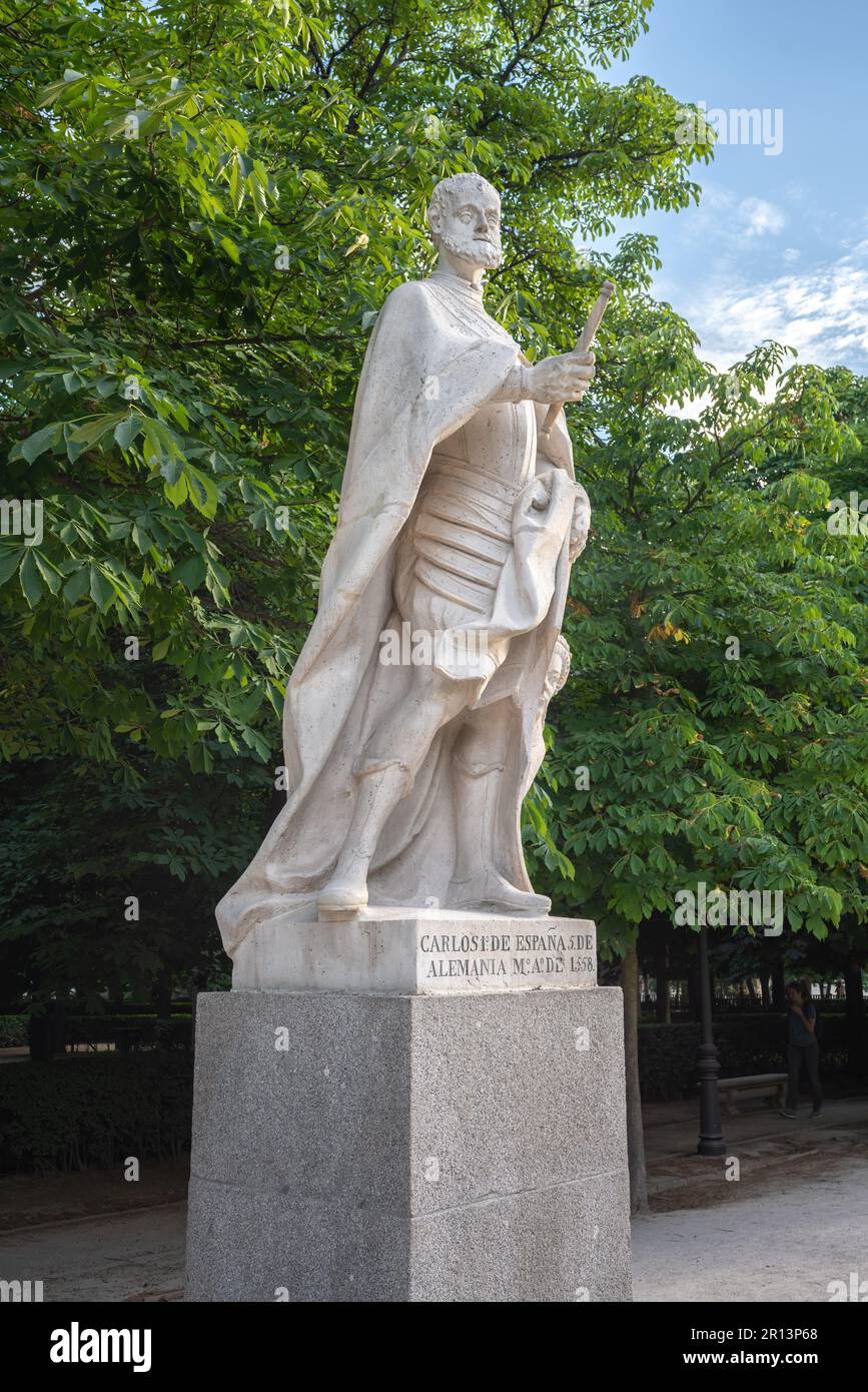 Statue of King Charles I of Spain (Carlos I de Espana) at Paseo de la Argentina in Retiro Park - Madrid, Spain Stock Photo