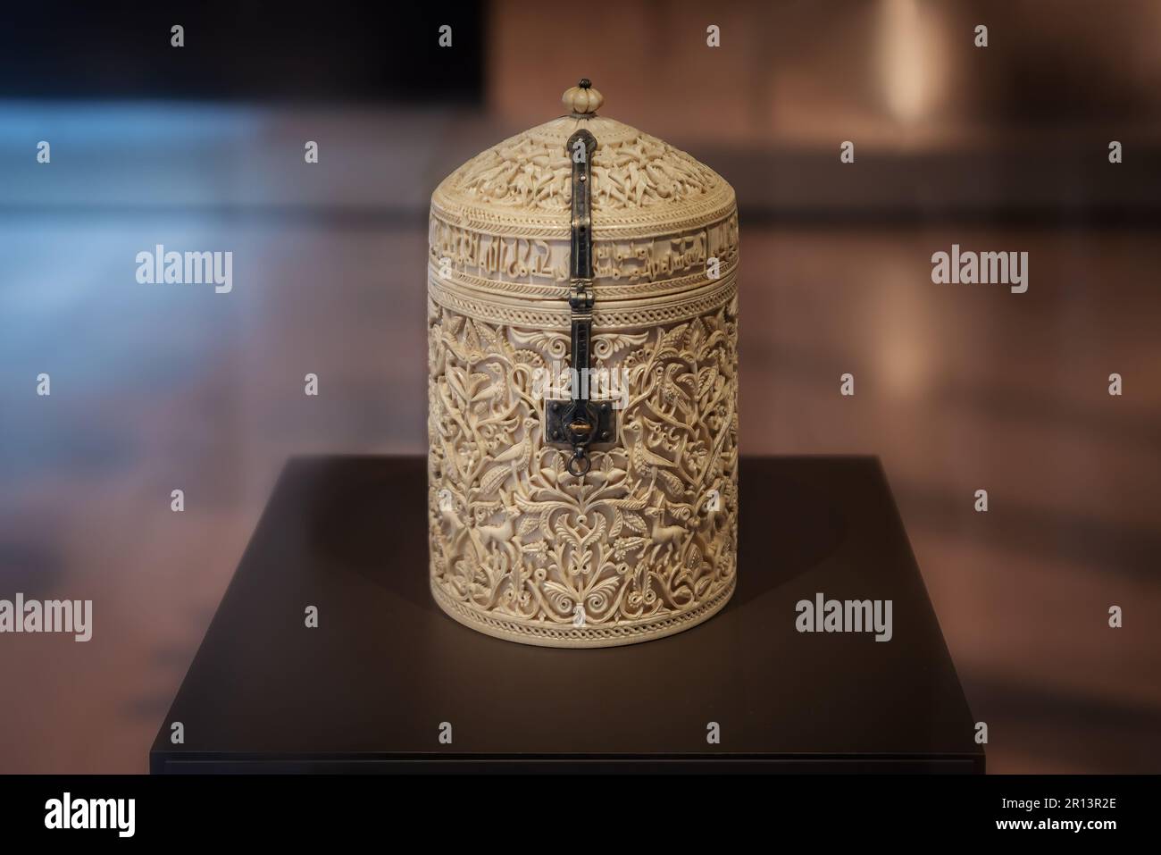 Pyxis of Zamora (Bote de Zamora) - ivory casket that dates from the Caliphate of Cordoba at National Archaeological Museum - Madrid, Spain Stock Photo