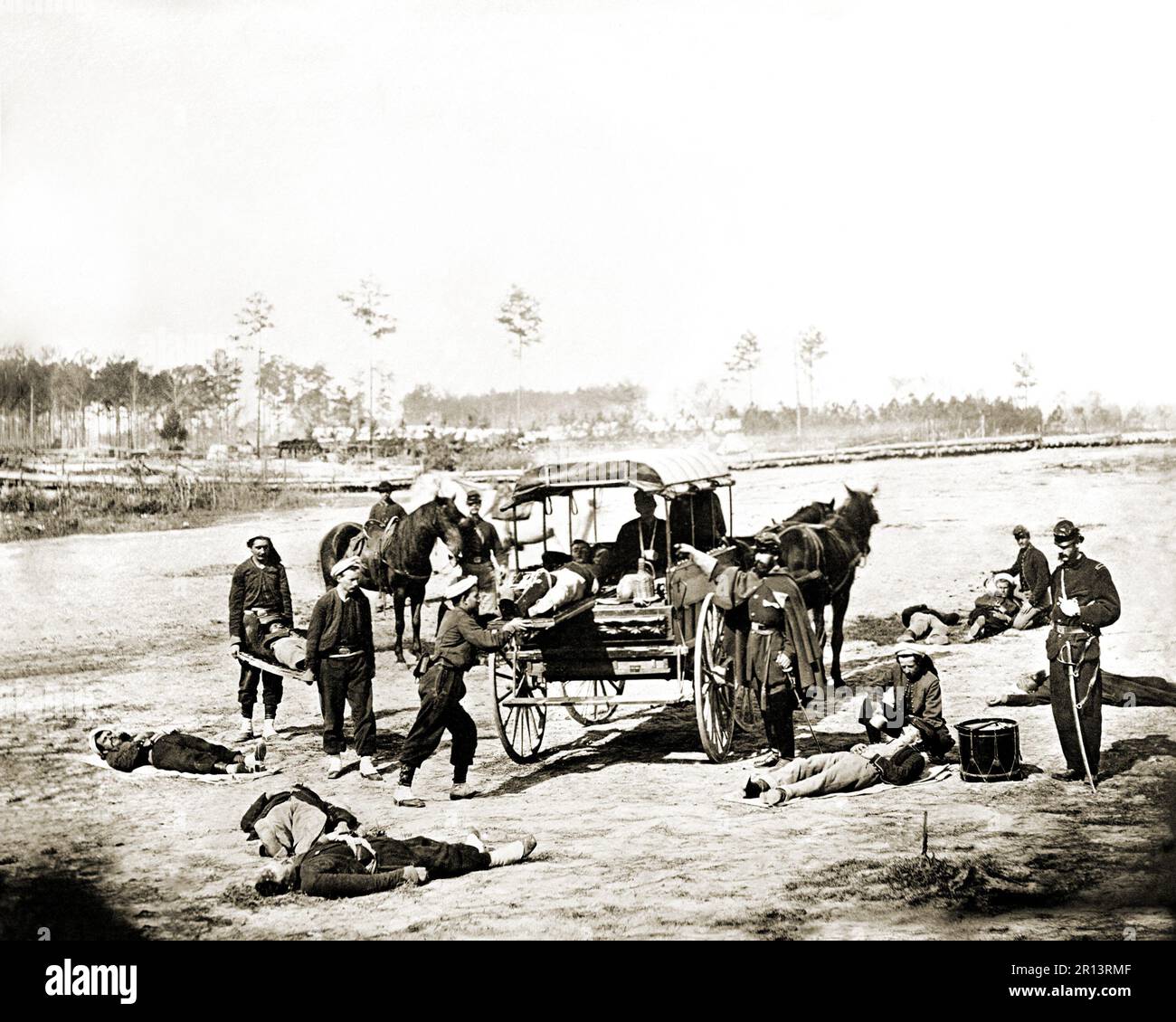 Ambulance Corps removing wounded from the field. United States Civil War; Ca. 1861-1865. Photographer unknown. Stock Photo