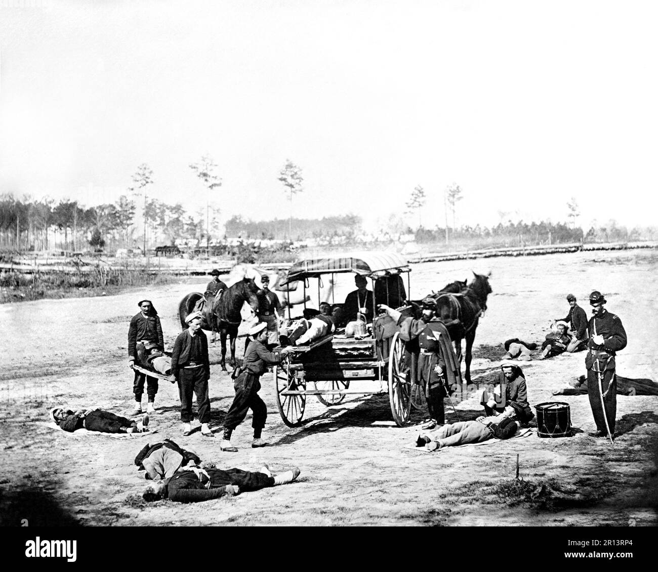 Ambulance Corps removing wounded from the field. United States Civil War; Ca. 1861-1865. Photographer unknown. Stock Photo