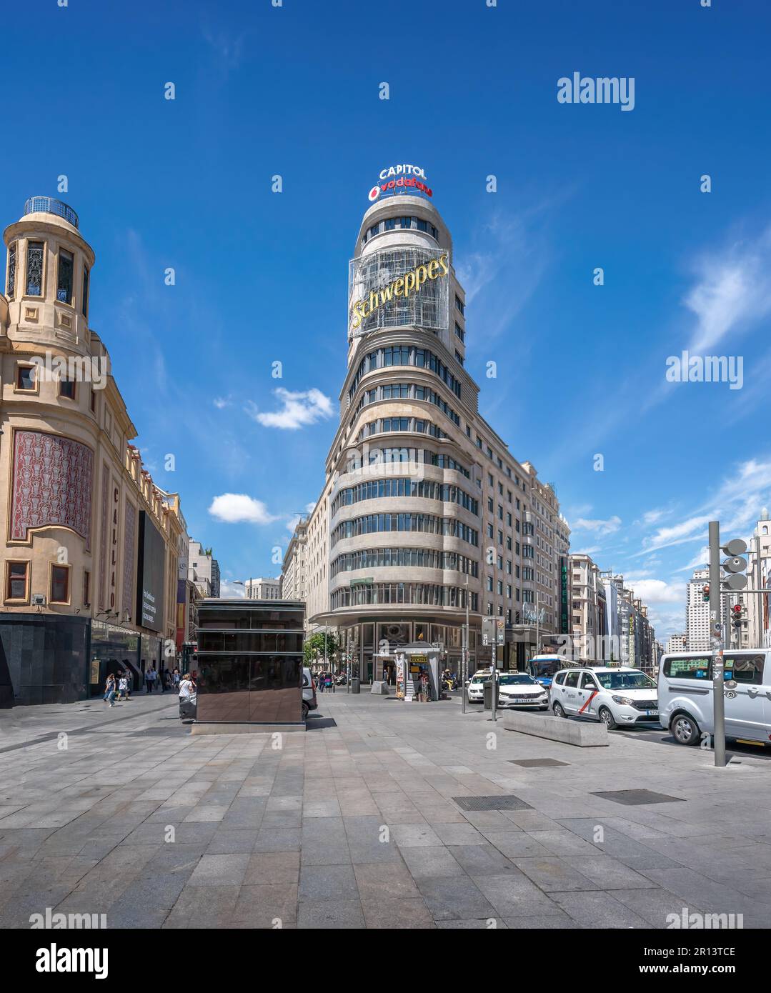 Edificio Capitol (or Carrion) Building at Gran Via Street and Plaza Callao Square - Madrid, Spain Stock Photo