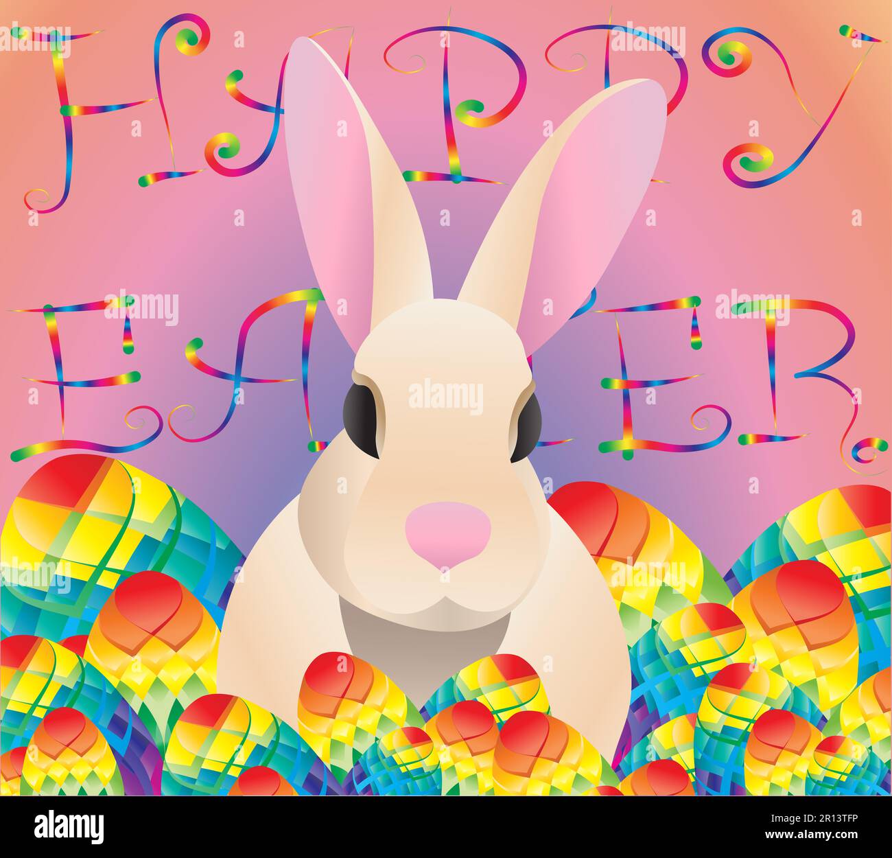 A pink Easter Bunny hand drawn illustration with a purple, pastel background and rainbow bright