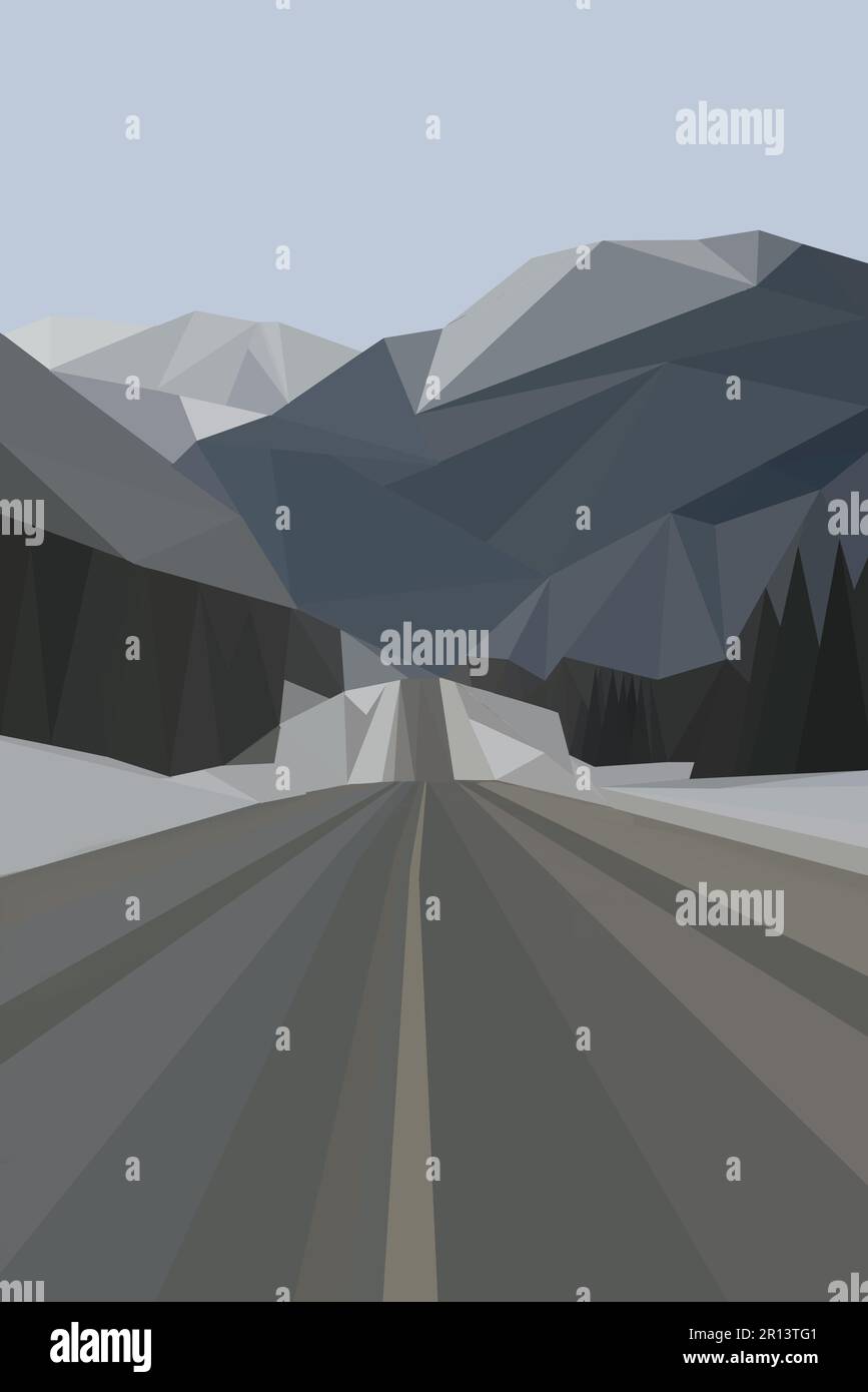 3D 3 dimensional digital art painting of the Alaska Highway in the winter. Abstract, computer, art, hand drawn for tourism travel roadtrip scenic. Stock Photo