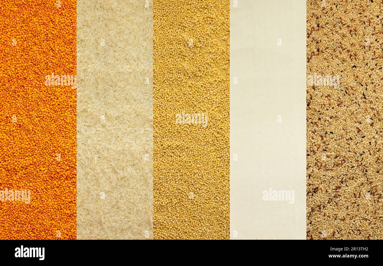 Various grain cereals banner, top view, orange lentils and white rice ...