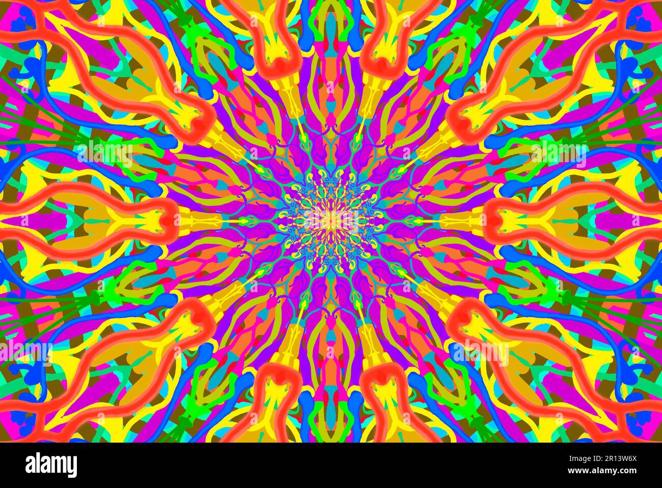 Kaleidoscope, colorful digital art, wallpaper, illustration, multi-coloured, hypnotising, pink, green, purple, orange, blue, purple. Stock Photo