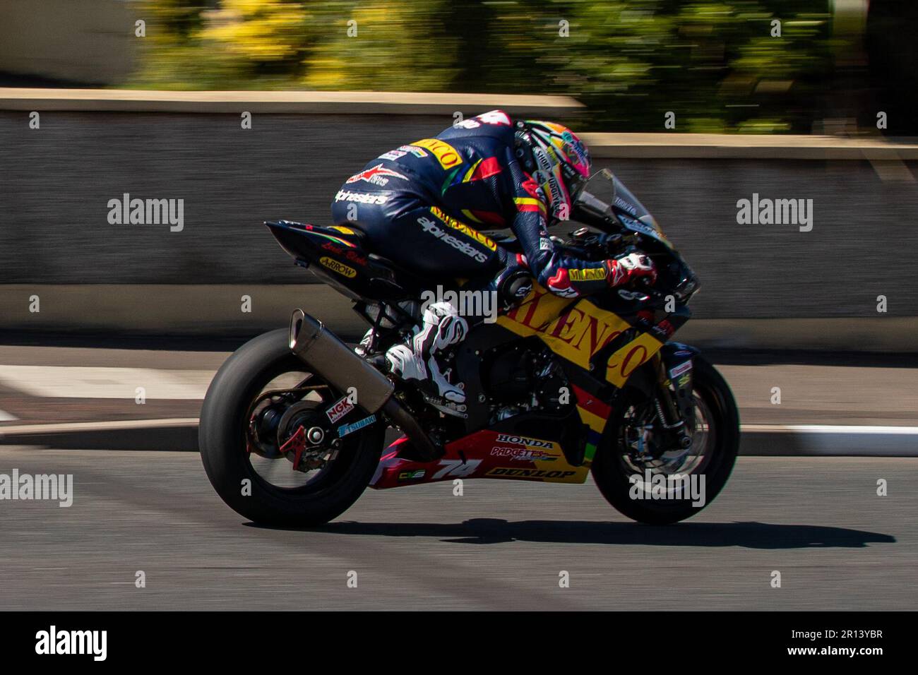 Portstewart, UK. 11th May, 2023. Number # 74 Davey Todd Riding a Honda  zipping towards Metropole Corner During Official  Practice circuits at the NorthWest200 Credit: Bonzo/Alamy Live News Stock Photo