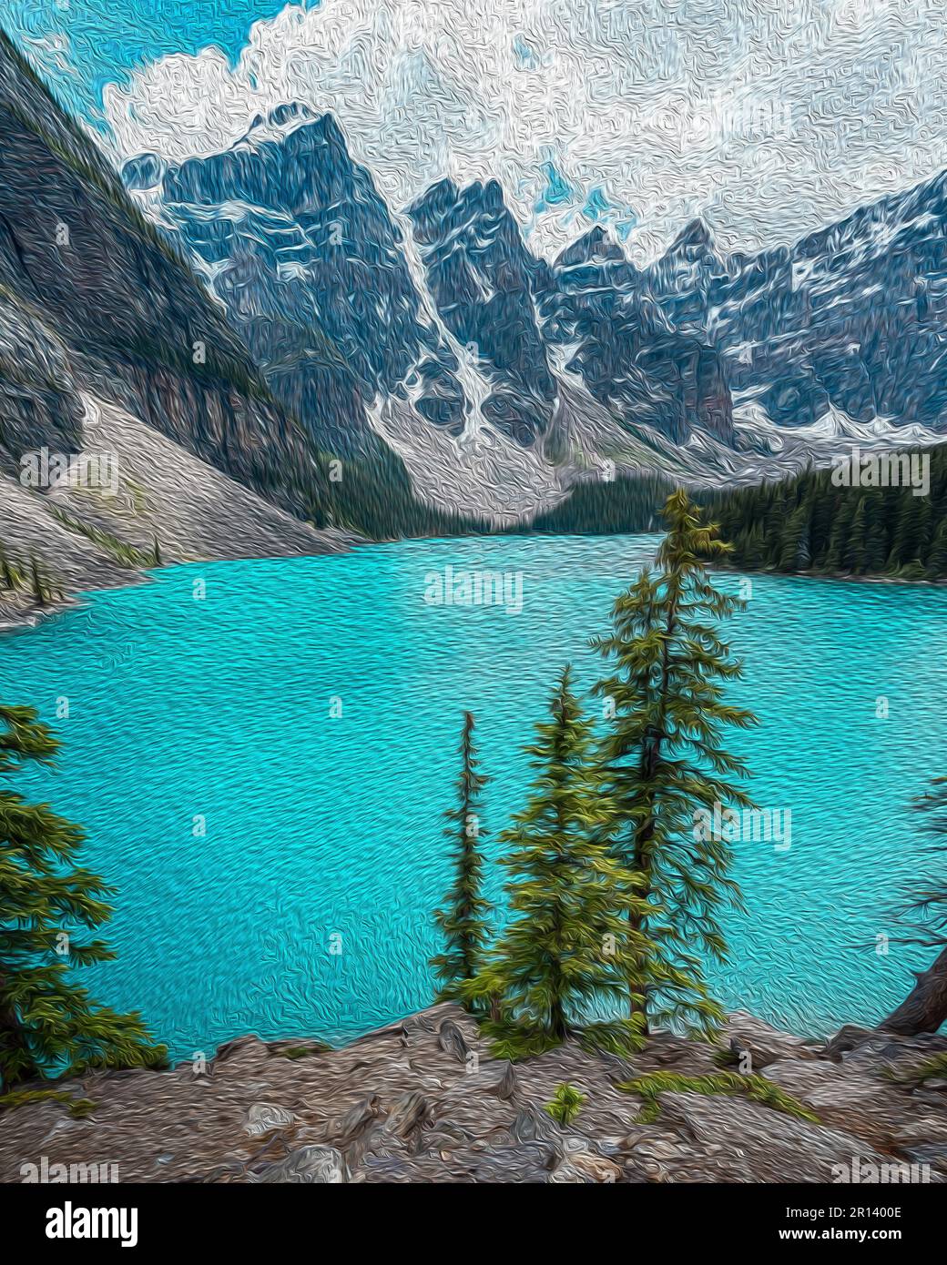 Panoramic view of Moraine Lake in Banff National Park, Canada. Summer