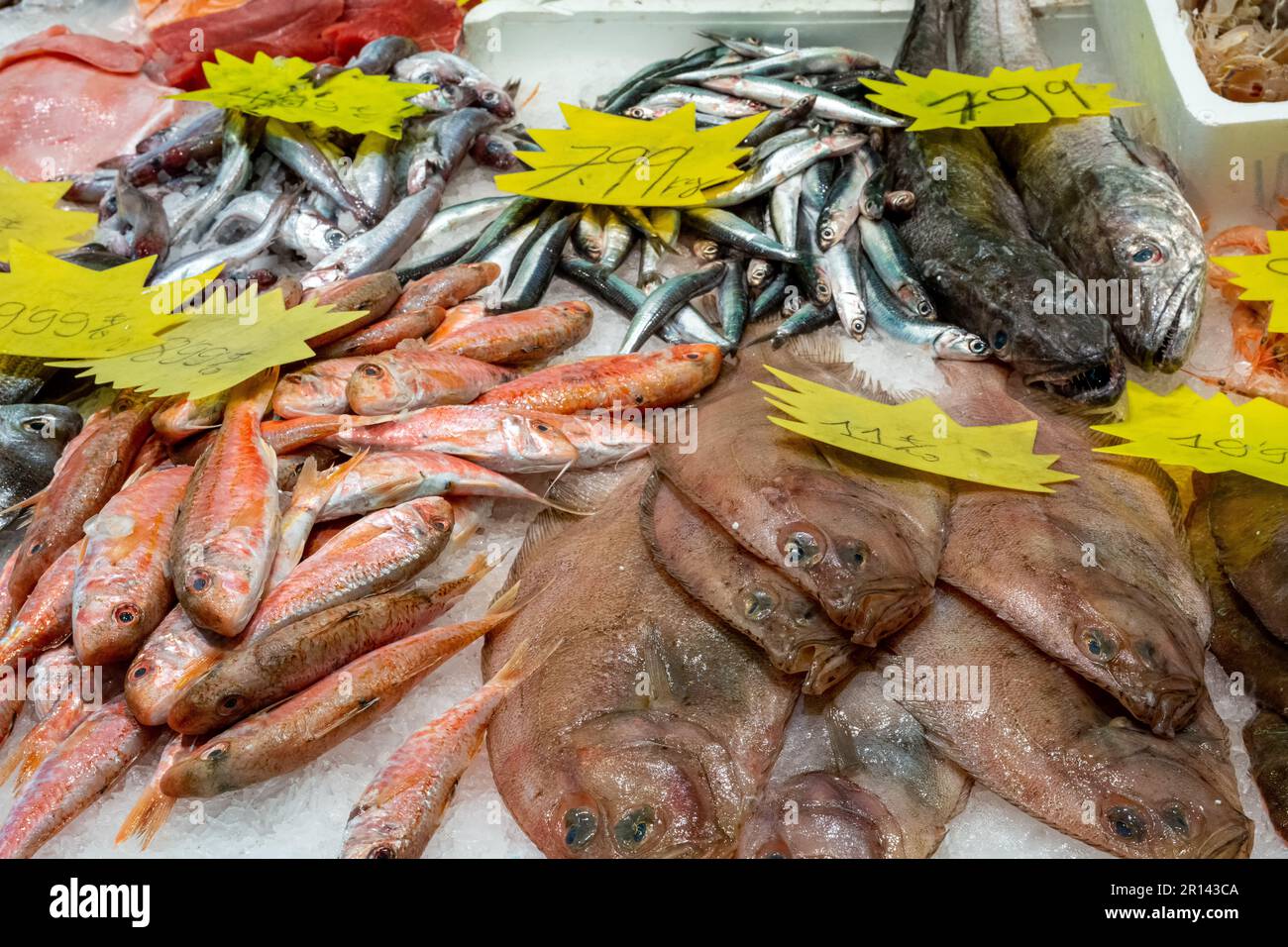 Fresh catch of fish for sale at a market in Barcelona, Spain Stock Photo