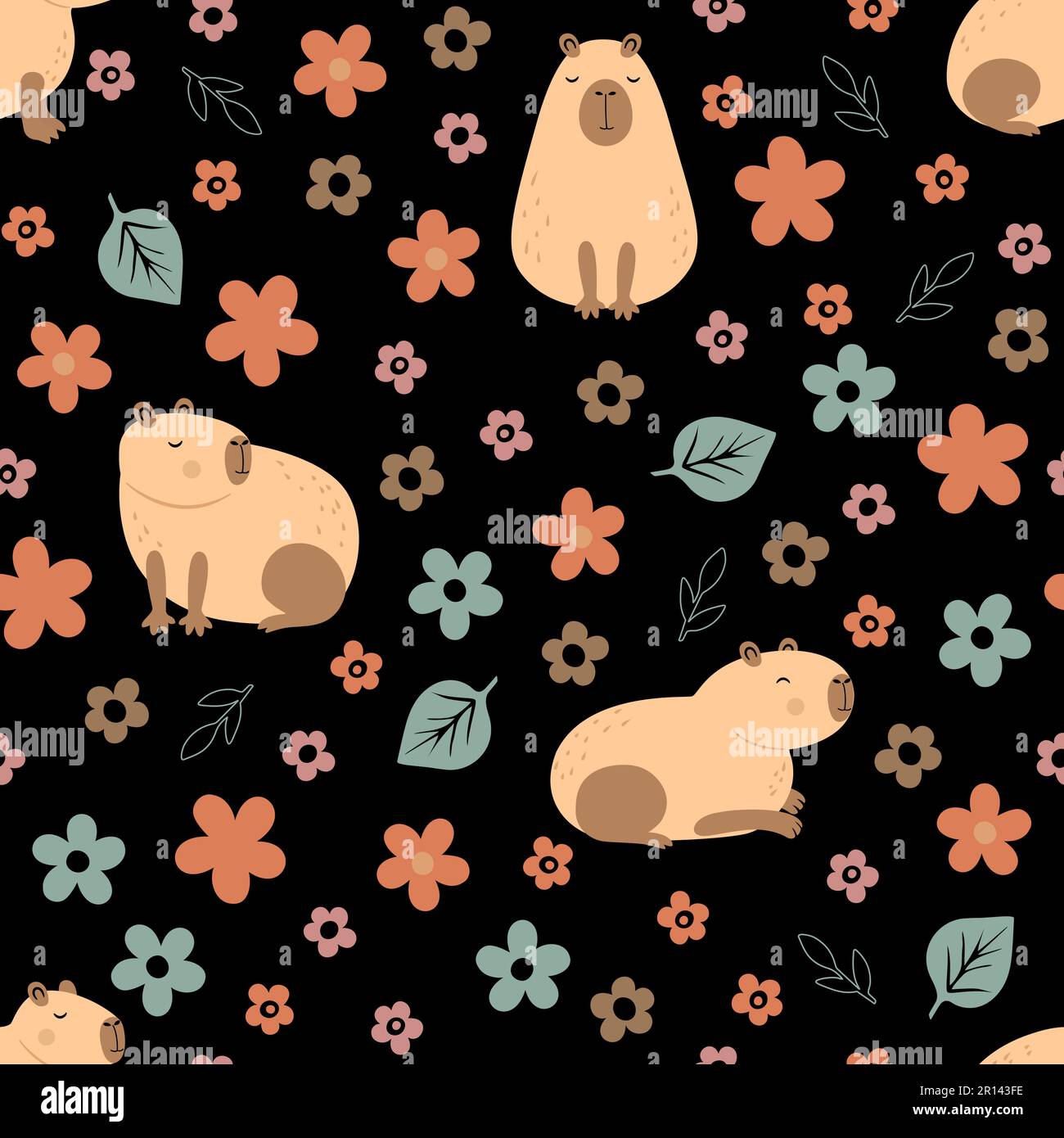 Seamless capybara with flowers on black background Stock Vector