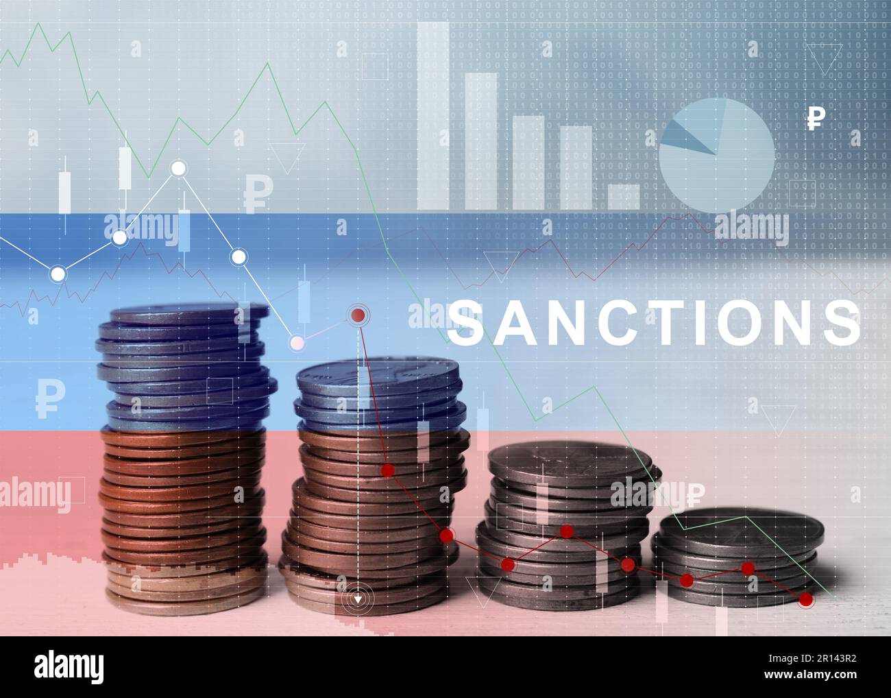 Economic sanctions against Russia because of invasion in Ukraine. Stacked coins on table, illustration of decline graph and Russian flag Stock Photo