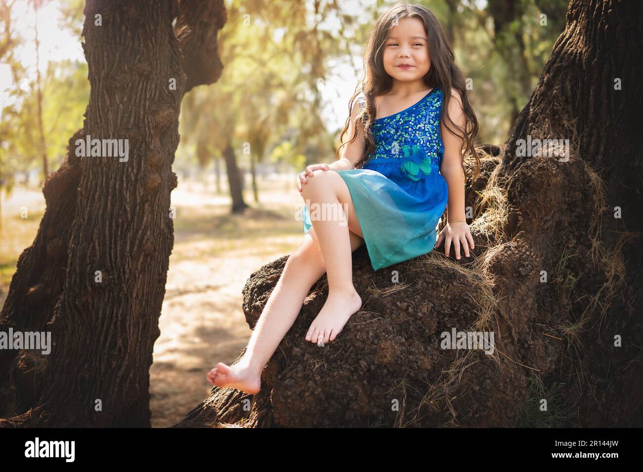 beautiful happy girl playing in the park with blue dress without shoes  sitting on tree laughing screaming with happiness in family enjoying  children's Stock Photo - Alamy, image size:1300x956