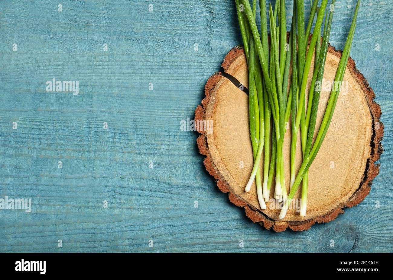 Fresh green onion on blue wooden table, top view. Space for text Stock ...