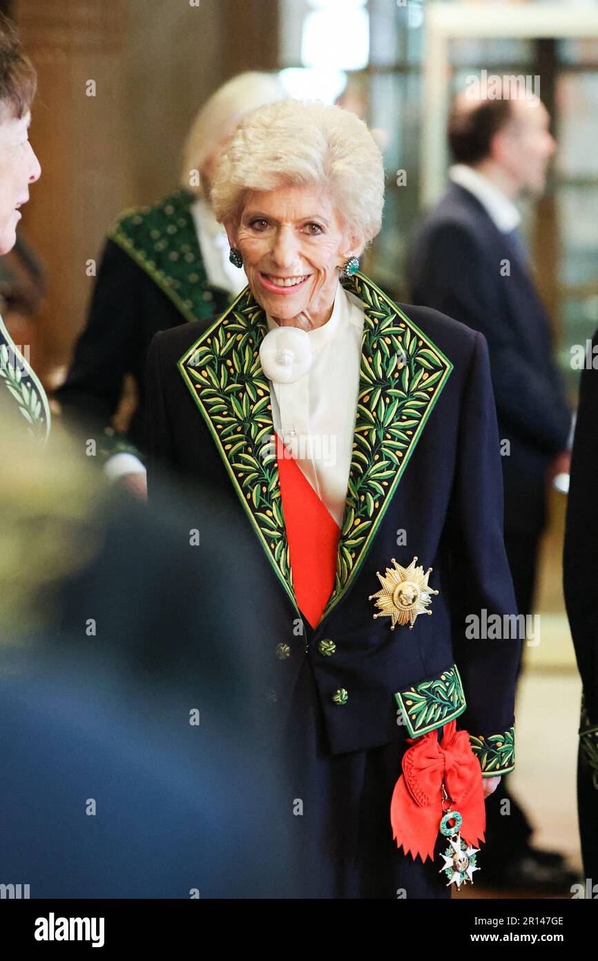 Paris, France. 11th May, 2023. Helene Carrere d'Encausse attends The writer  specializing in Proust Antoine Compagnon in a Balenciaga haute couture suit  and a sword signed Boucheron makes his official entry into
