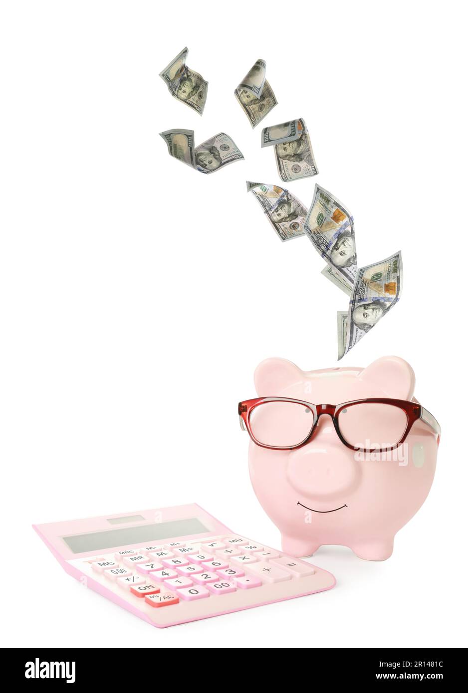 Dollar banknotes falling into pink piggy bank with glasses and ...