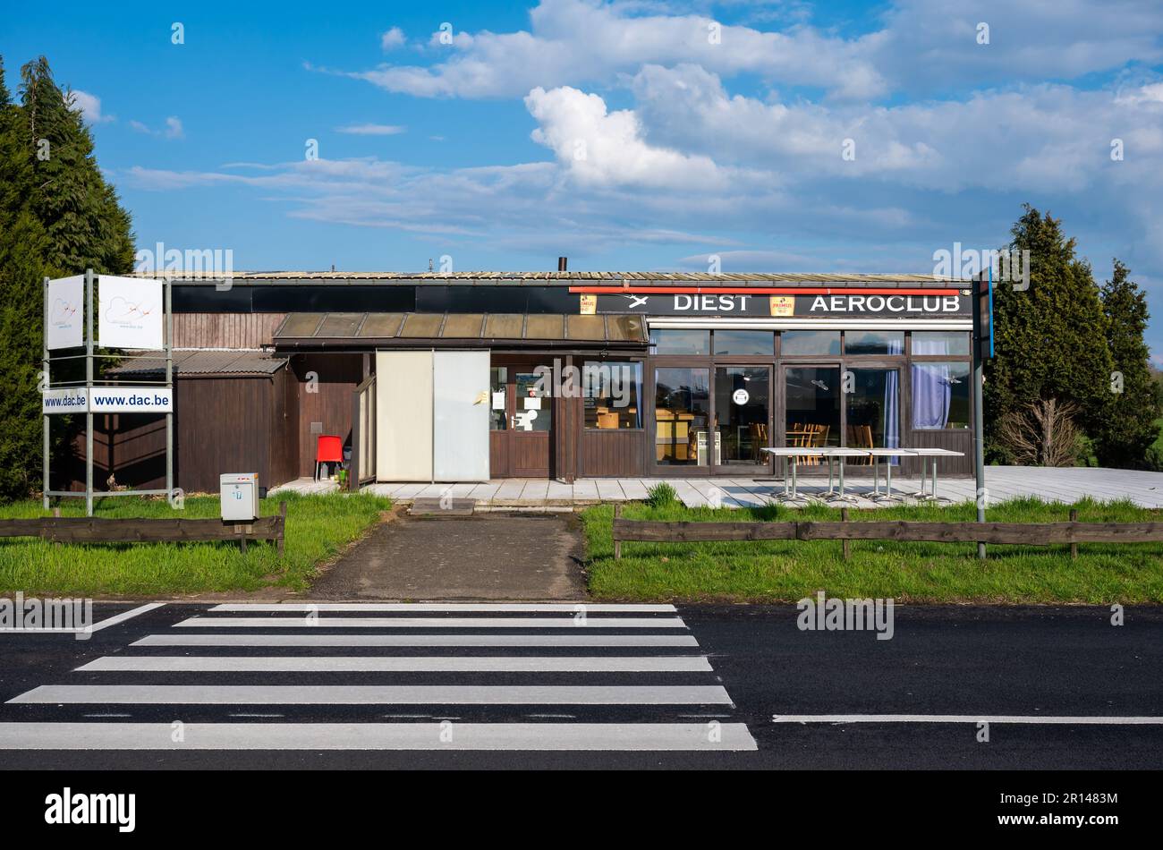 Diest, Flemish Brabant, April 21, 2023 - Facade of the Diest Aeroclub for light sport aircrafts Stock Photo