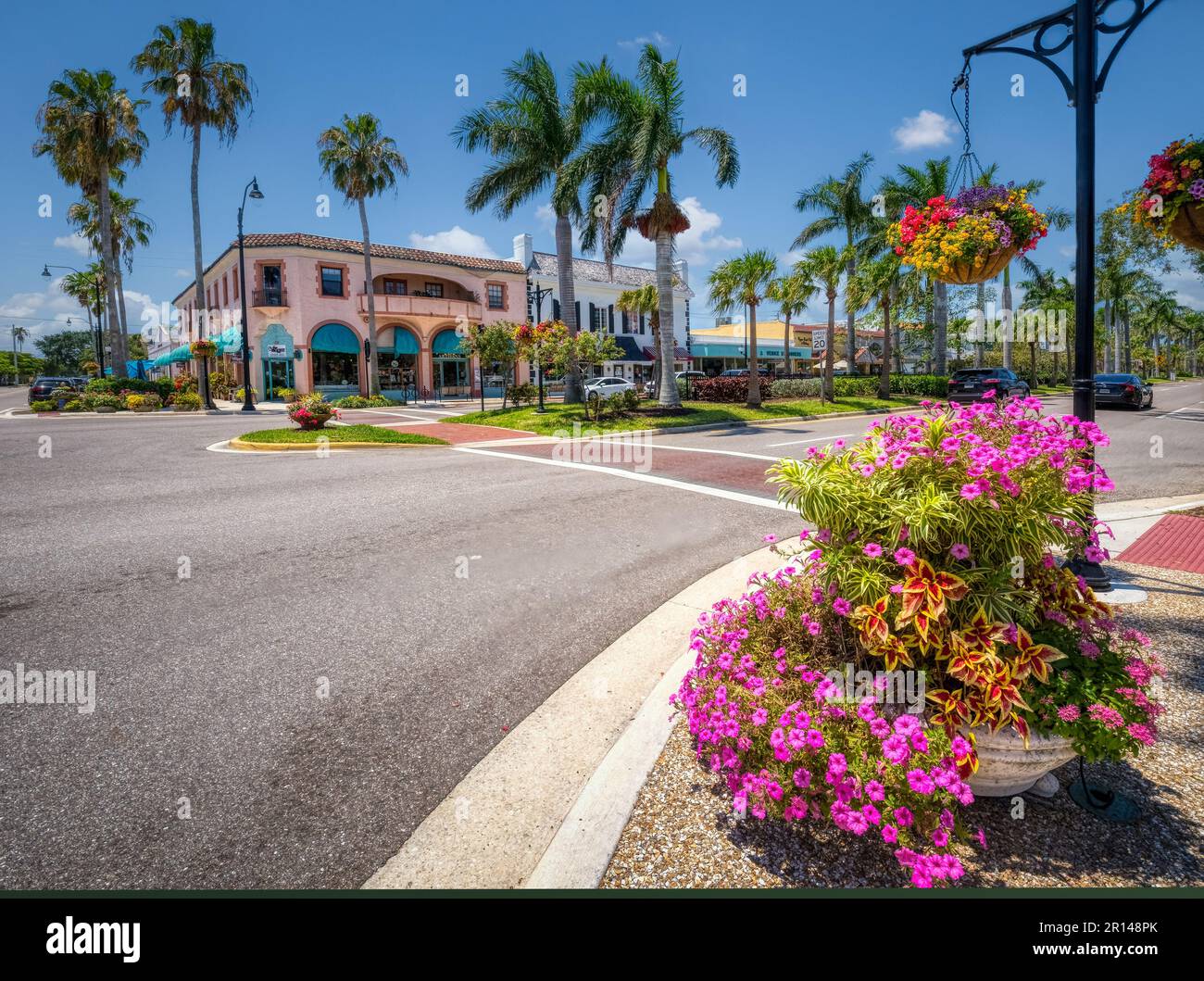Flowers on West Venice Avenue in downtown Venice Florida USA Stock Photo