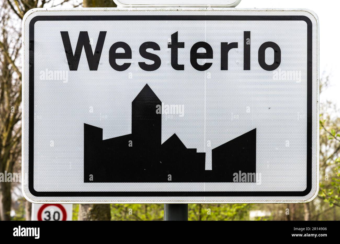 Westerlo, Belgium April 21, 2023 Road sign of the village of