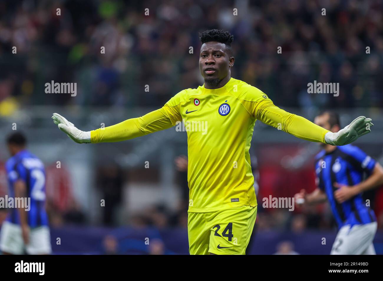 Andre Onana of FC Internazionale gestures during UEFA Champions League 2022/23 Semi-Final 1st  leg football match between AC Milan and FC Internaziona Stock Photo