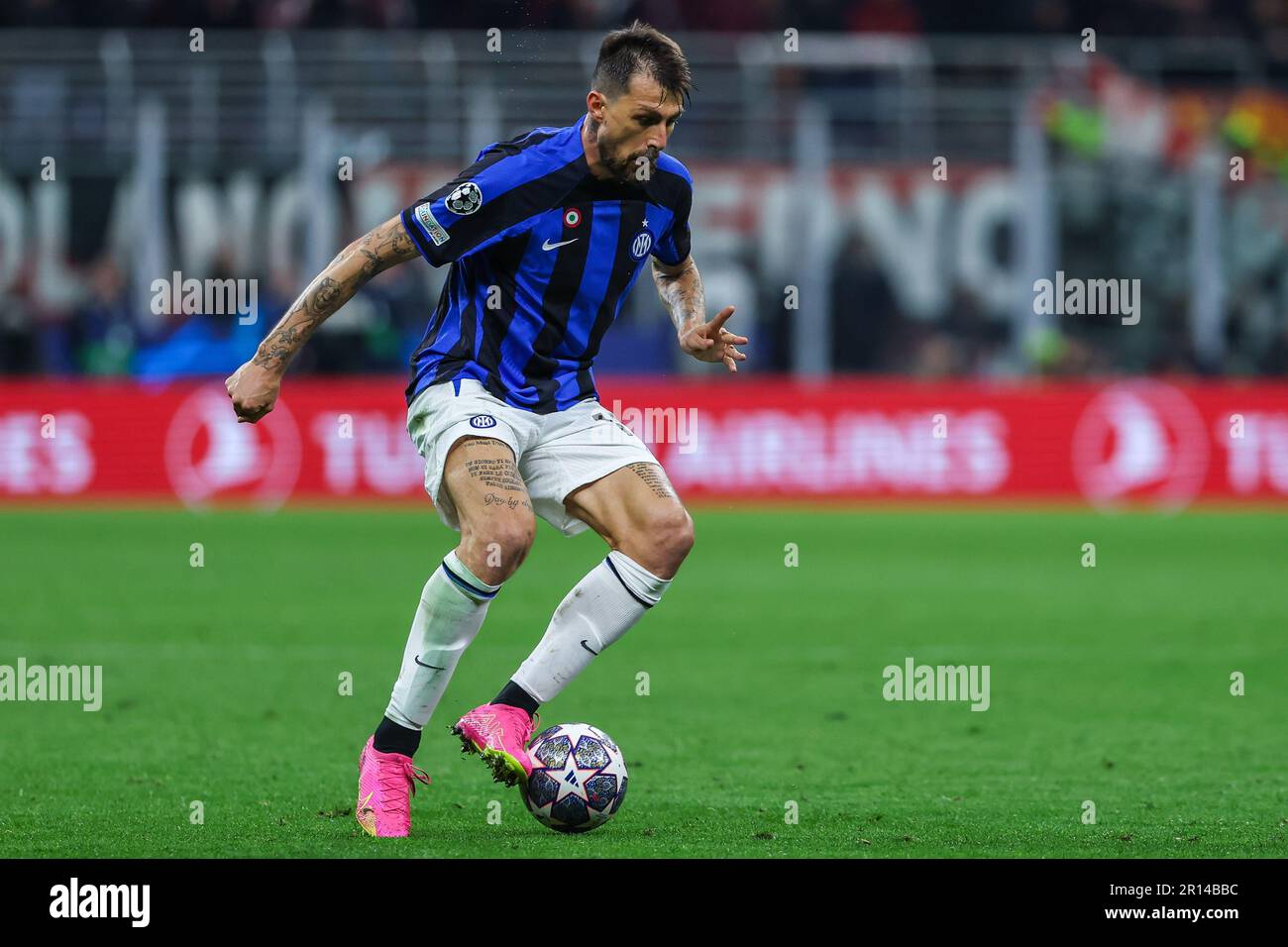 Milan, Italy. 10th May, 2023. Francesco Acerbi of FC Internazionale in action during UEFA Champions League 2022/23 Semi-Final 1st leg football match between AC Milan and FC Internazionale at San Siro Stadium, Milan, Italy on May 10, 2023 Credit: Independent Photo Agency/Alamy Live News Stock Photo