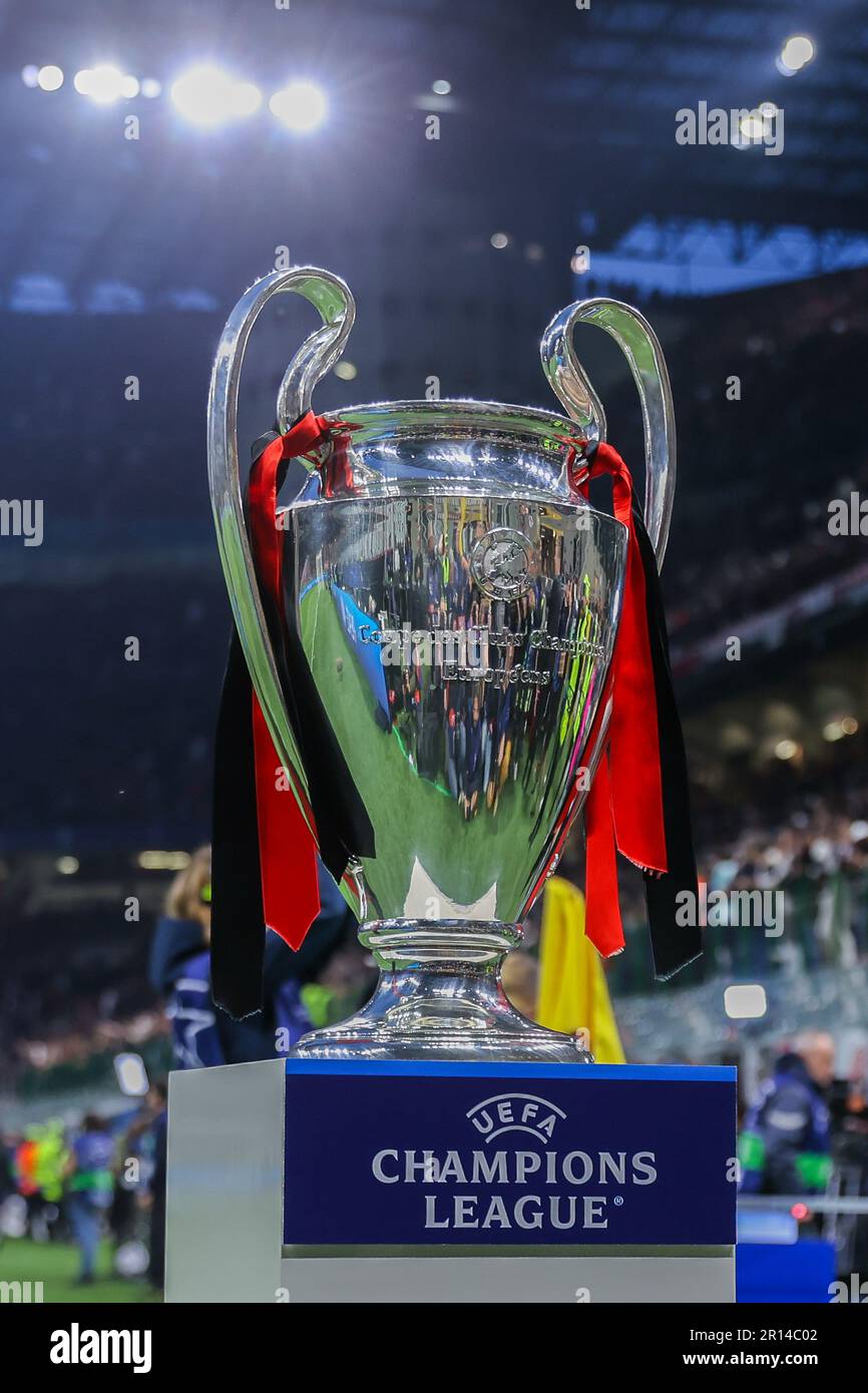 Milan, Italy. 10th May, 2023. UEFA Champions League Trophy on a plinth