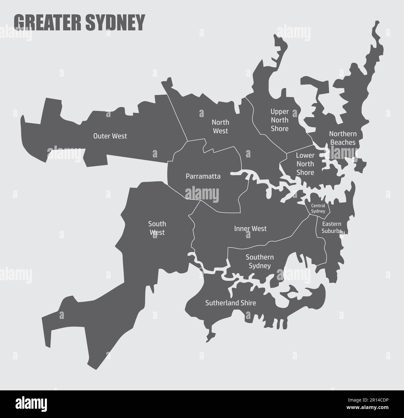 Greater Sydney administrative map isolated on gray background
